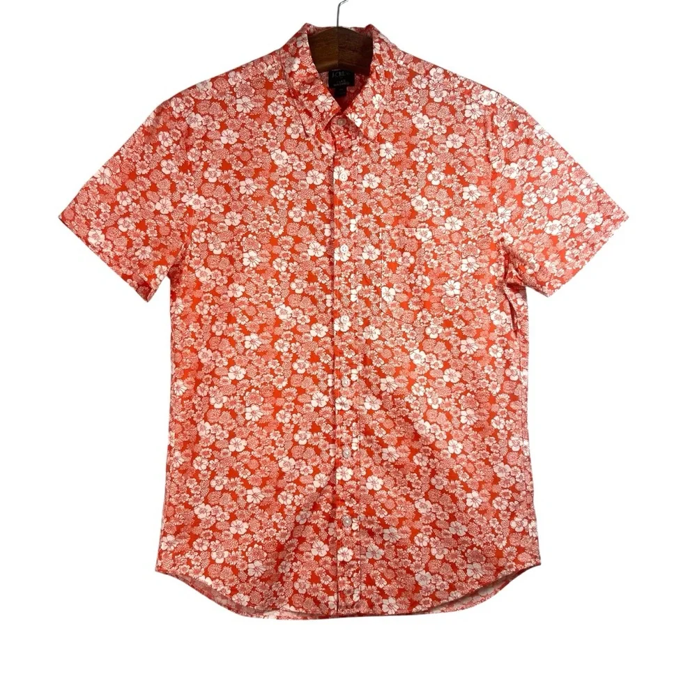 J. Crew Mens Orange White Floral Button Down Shirt Size M Flex Washed Slim Beach